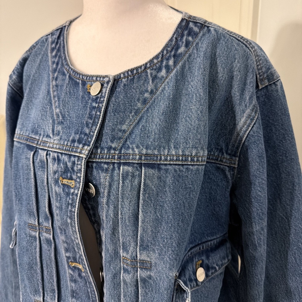 EUC J.Crew Denim LADY JACKET Round Neck Button Cropped Pleated CC952 Blue XXL - Picture 3 of 11